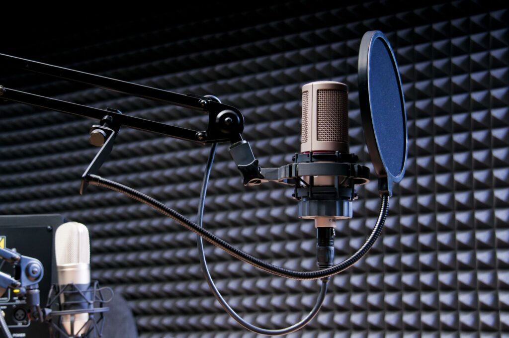 Professional microphone in a soundproof studio